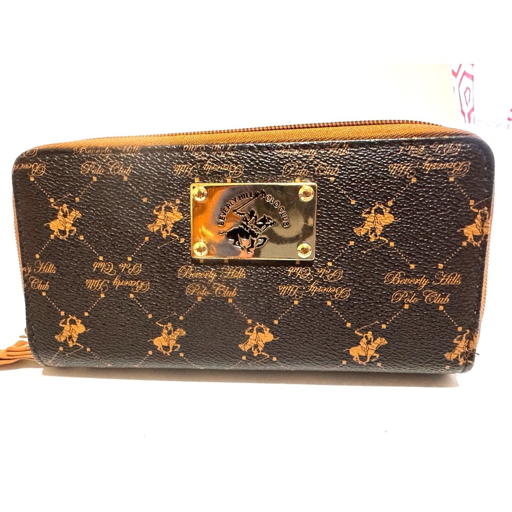 Beverly Hills Polo Club Brown Monogram Double Zip Organizer Wallet Wristlet